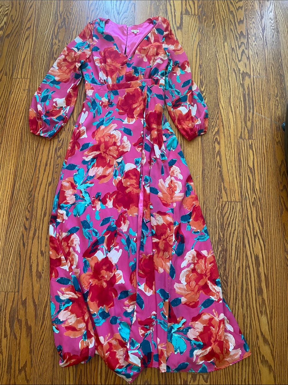 En Creme Pink Floral Wrap Maxi Dress with Teal Accents